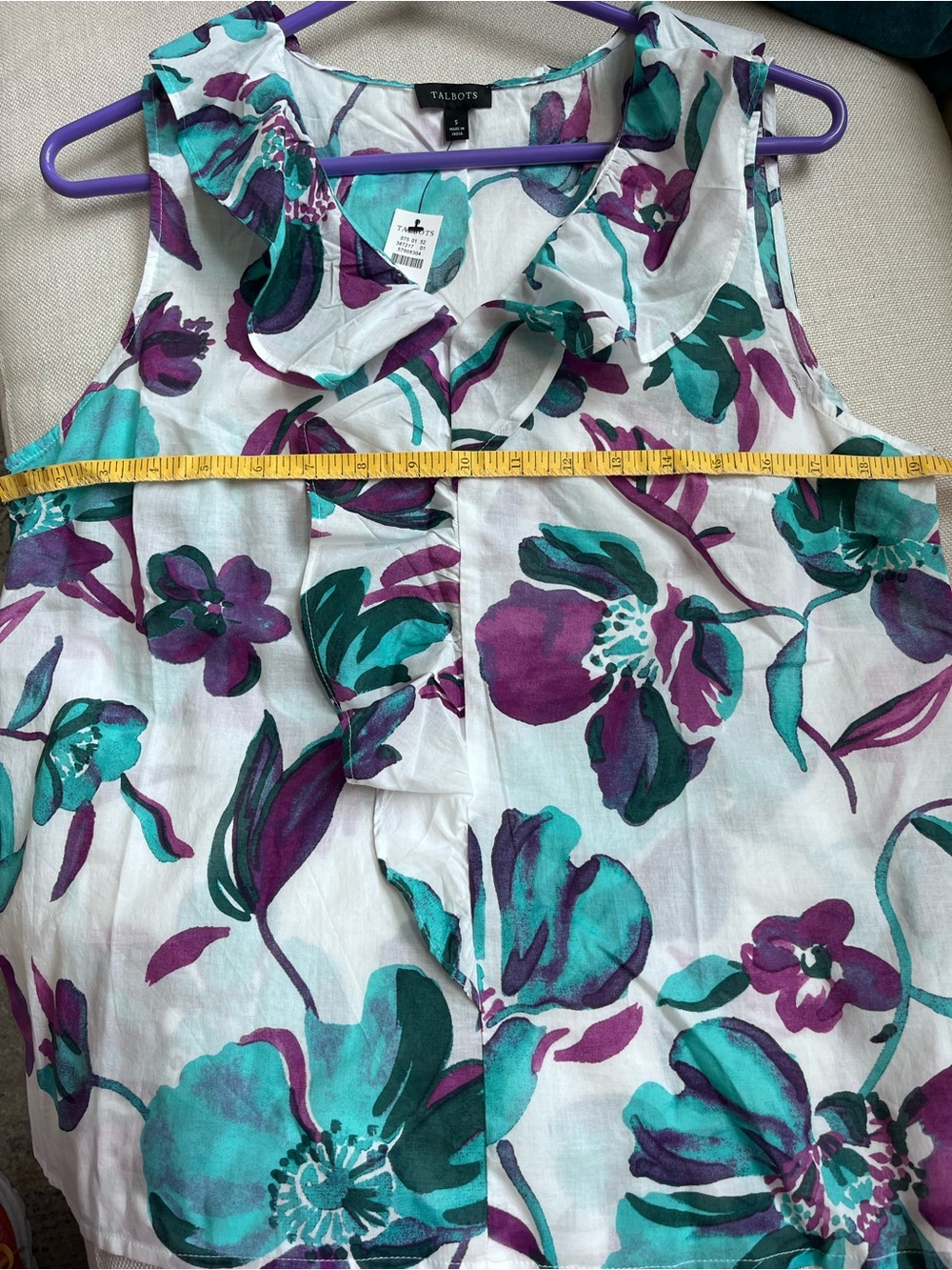 NWT Talbots sleeveless ruffle floral top-white with teal and purple floral print - Picture 6 of 10